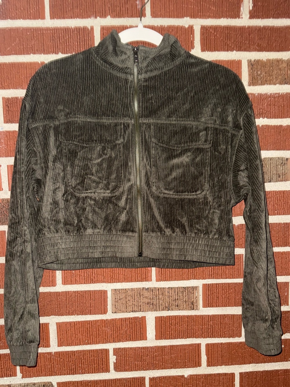 aerie Olive Green Cropped Corduroy Velvet Bomber Jacket
